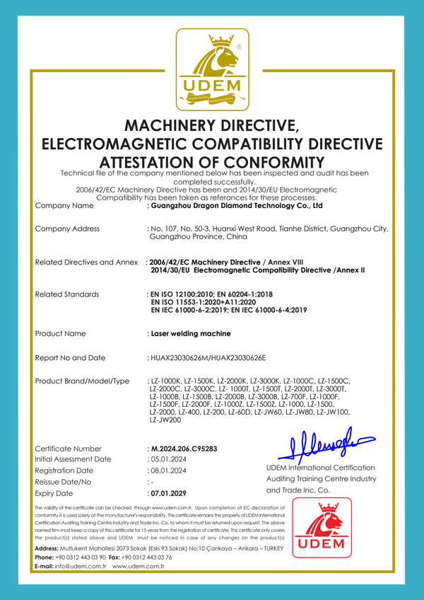 Laser Welding Machine — UDEM attestation of conformity