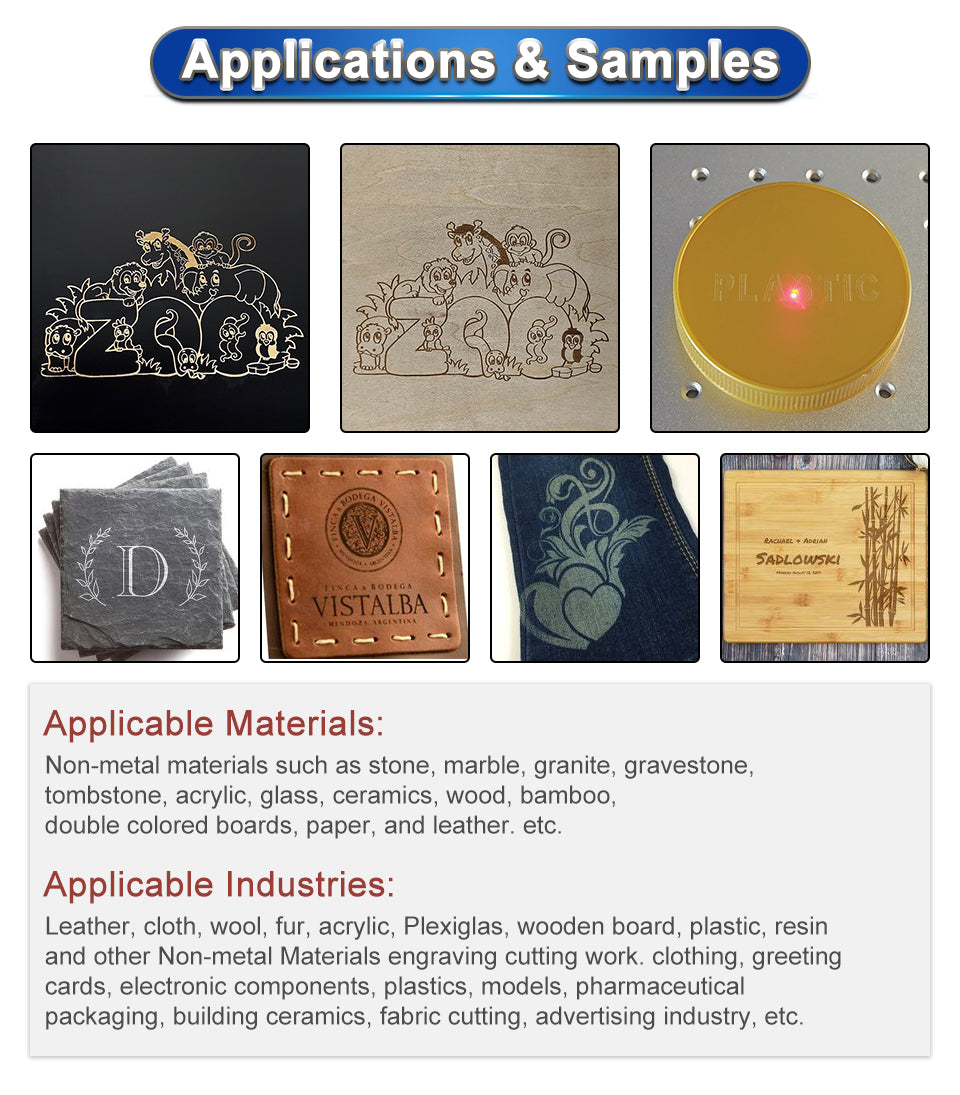 CO2 laser marking samples on wood, leather and other non-metal materials