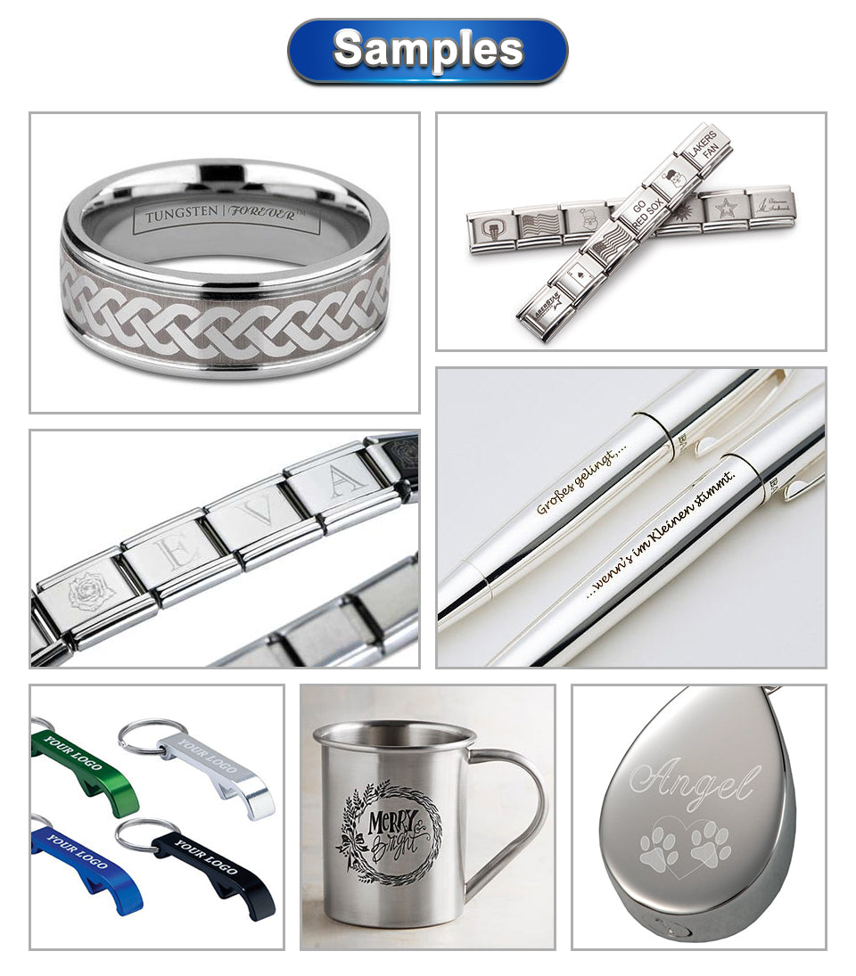 Fiber laser marking samples on metal rings, pens, bracelets and personalized gifts