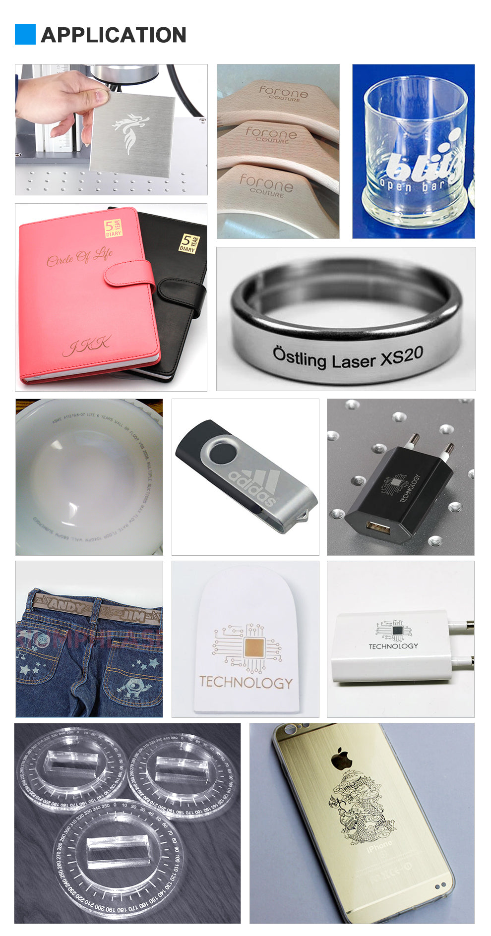 UV laser marking samples including plastic components, glass and personalized items
